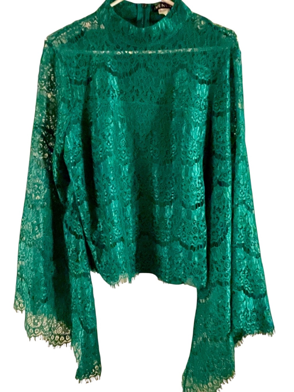 VENUS Emerald Green Floral Lace Top Mock Neck Bell Sleeve Blouse - Picture 9 of 9